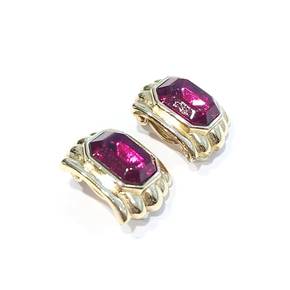 Vintage Givenchy Red Rhinestone Faux Ruby Gold Tone Clip On Earrings - Picture 9 of 16